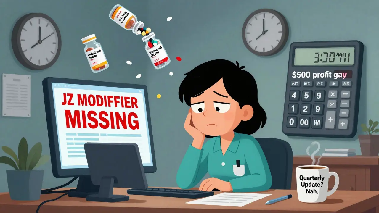 Billing clerk facing a denied claim with JZ modifier error in a cluttered office