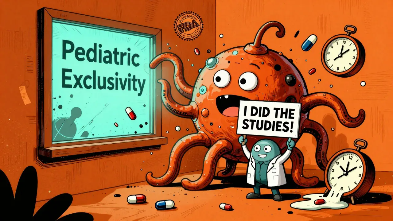 Biologic tentacle monster breaks through window as small molecule drug holds up 'I DID THE STUDIES!' sign.