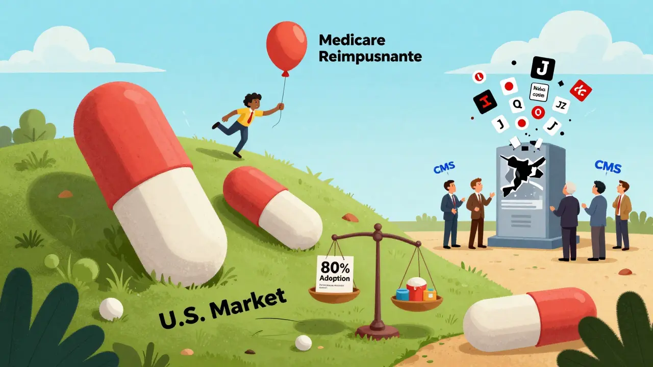 Biosimilar pills rolling downhill while brand-name drug floats above in a reimbursement landscape
