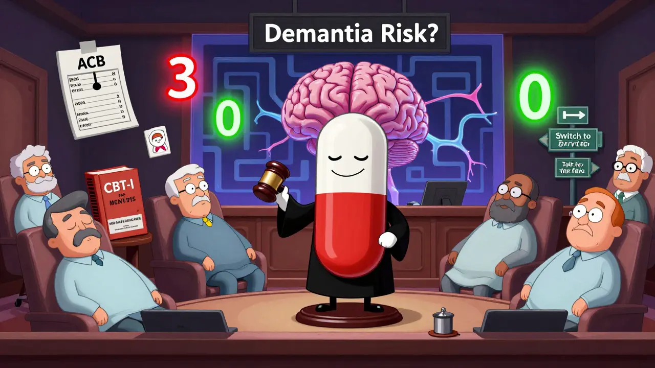 Brain courtroom trial with Benadryl on trial amid medical evidence and scales.