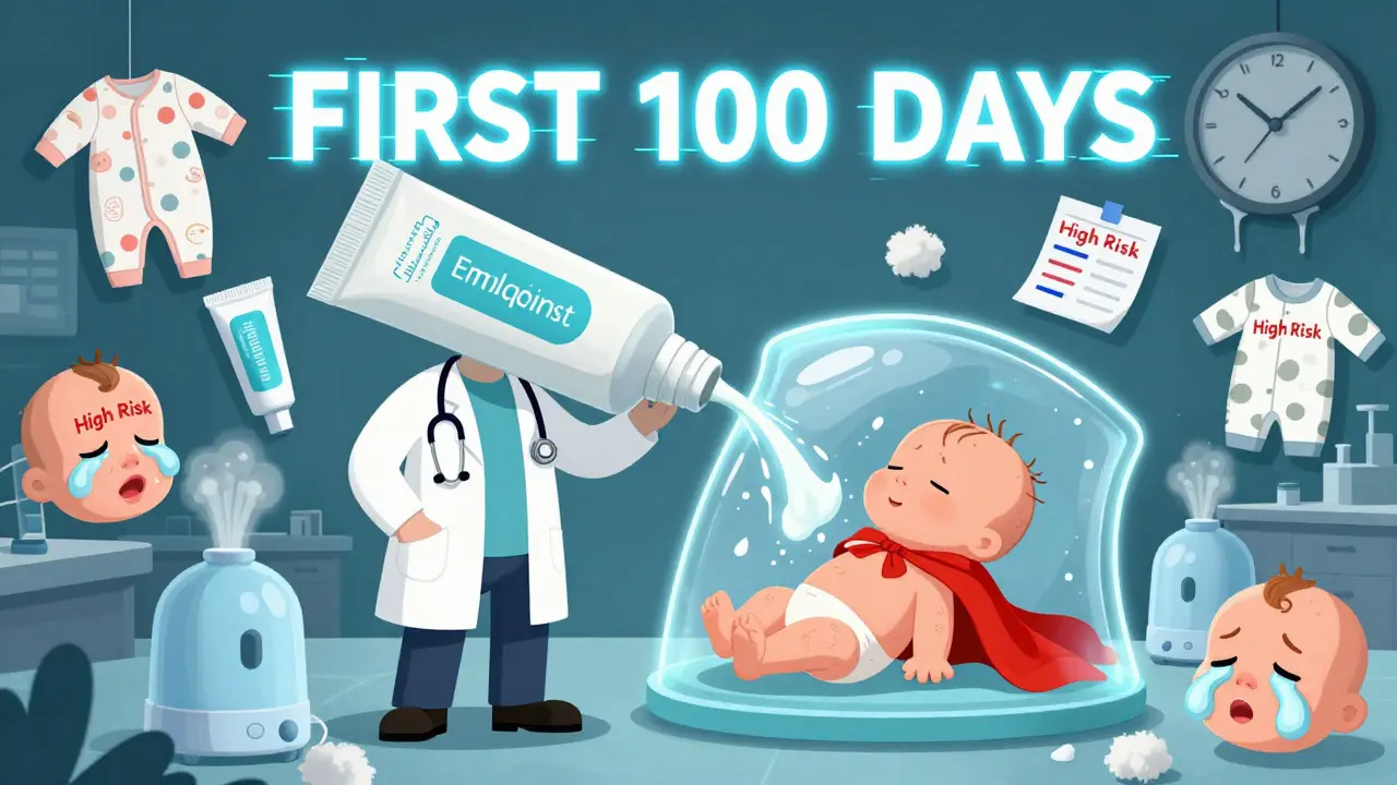 Doctor applying moisturizer shield over newborn, floating humidifiers and cotton onesies.