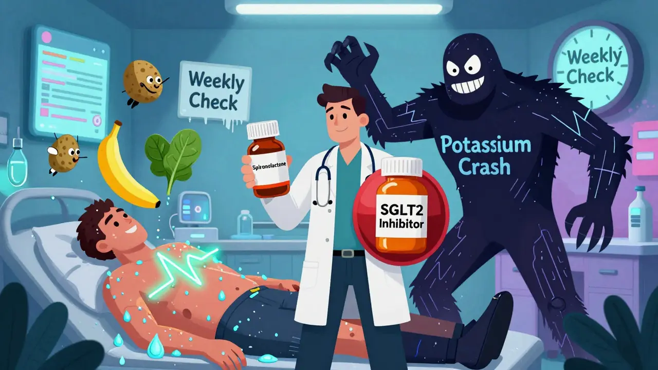 Doctor holding protective pills against a potassium crash monster, with healthy foods as power-ups in a surreal hospital.