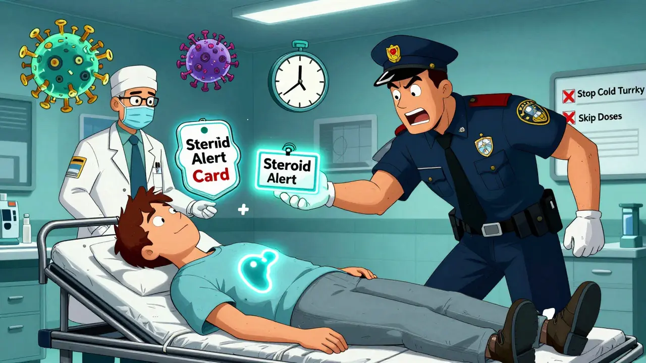 Emergency room scene with paramedic handing steroid alert card to doctor as patient's adrenal gland glows weakly.
