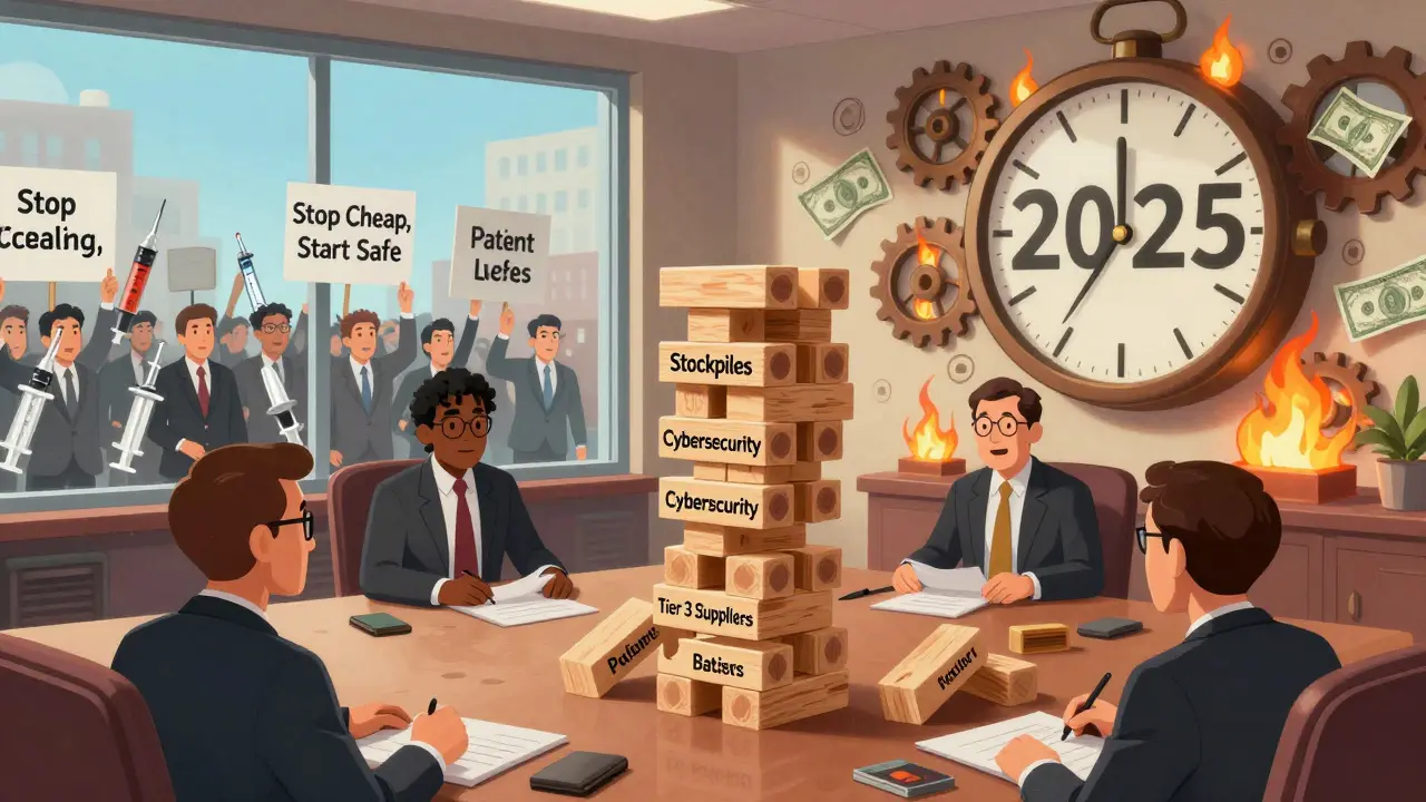 Executives playing Jenga with blocks labeled 'Stockpiles' and 'Cybersecurity', as a patient lives block teeters on top.