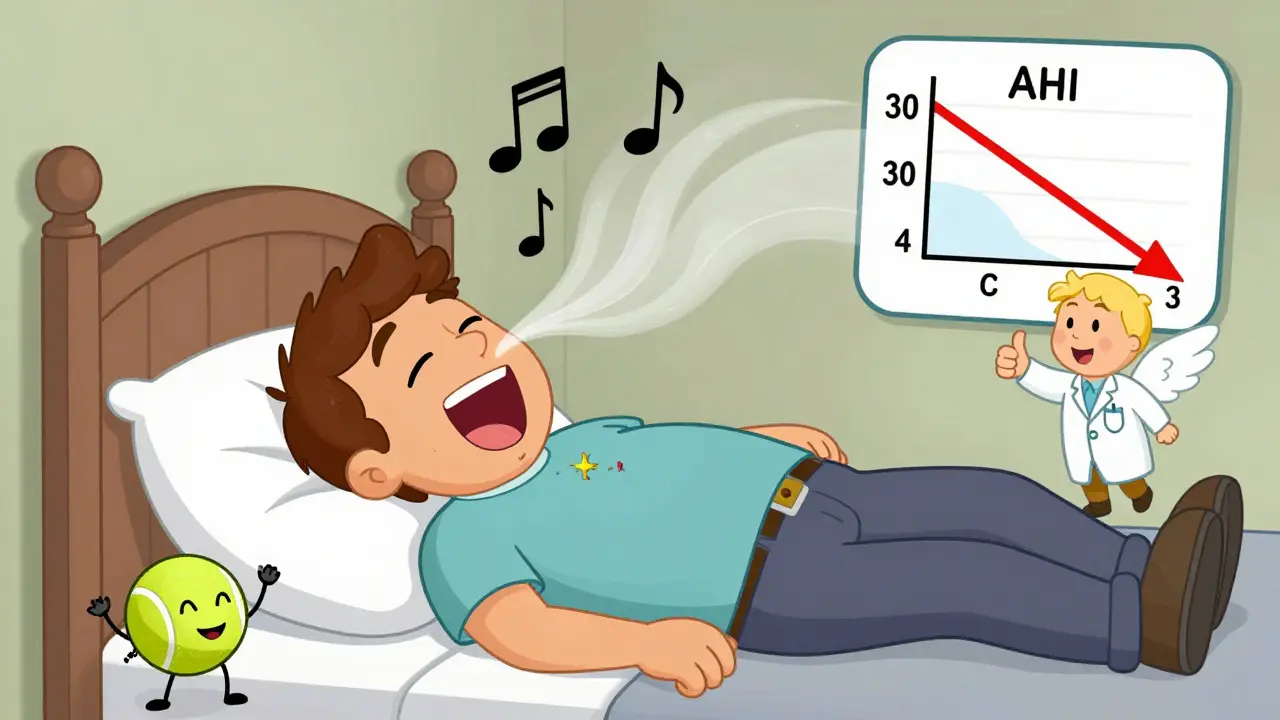 Man sleeping on his side with open airway, snoring turned to musical notes, AHI graph dropping.
