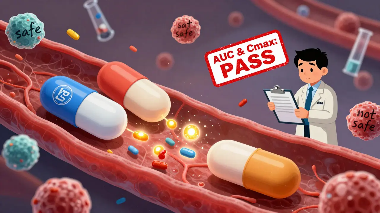 Microscopic pill heroes releasing matching drug particles in a bloodstream, watched by a cartoon FDA inspector with a clipboard.