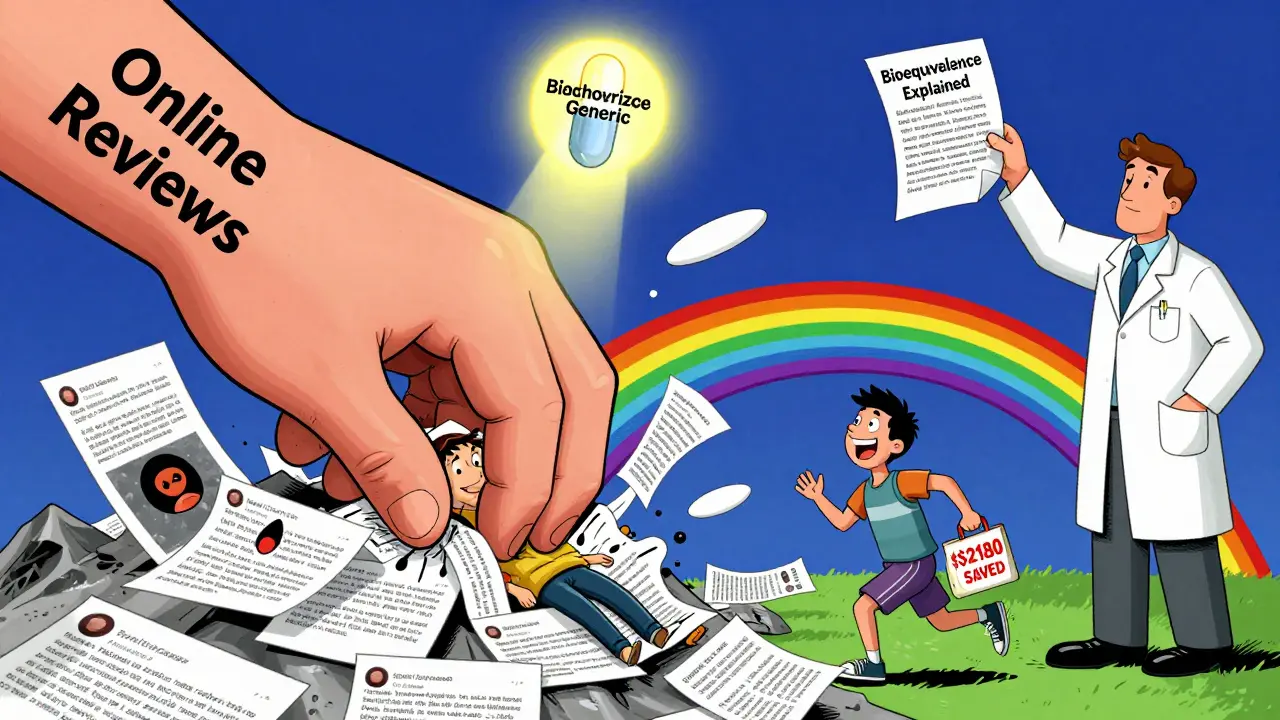 Online reviews crush a patient under negative posts, while an authorized generic pill shines as a beacon of trust.