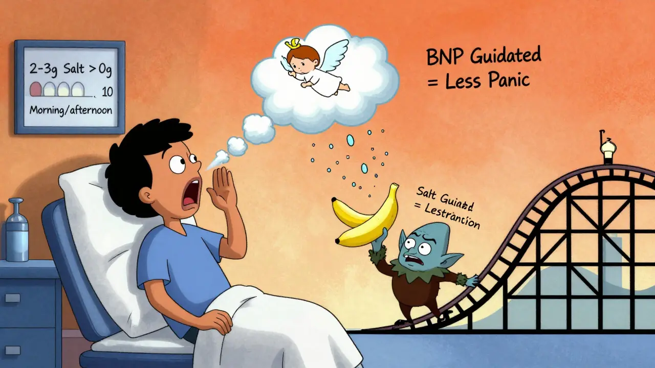 Patient sneezing potassium angels while a gremlin steals their banana, with split-dose diuretic schedule shown as rollercoasters.