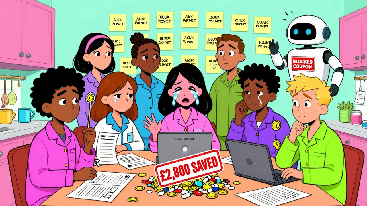 People at a kitchen table saving money with patient assistance programs, surrounded by paperwork and a confused Medicare robot.