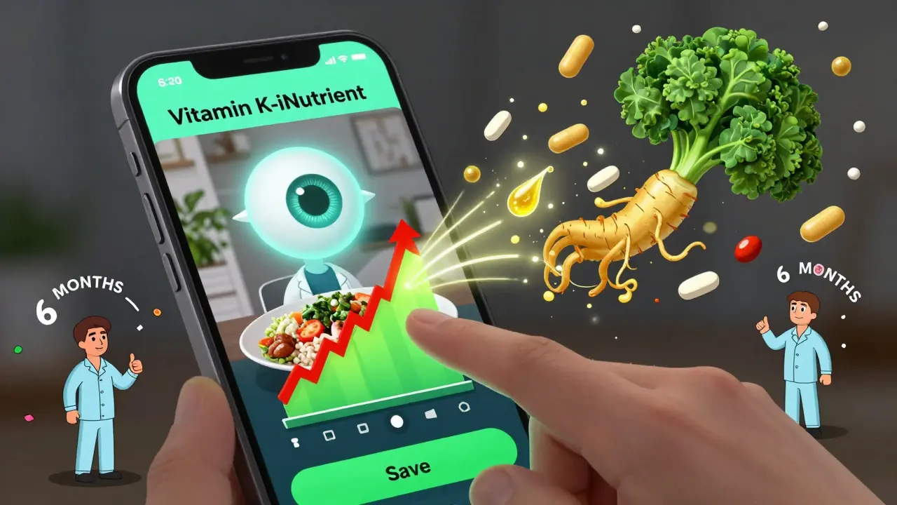 Smartphone screen showing AI analyzing a meal with vitamin K graph, surrounded by chaotic food elements