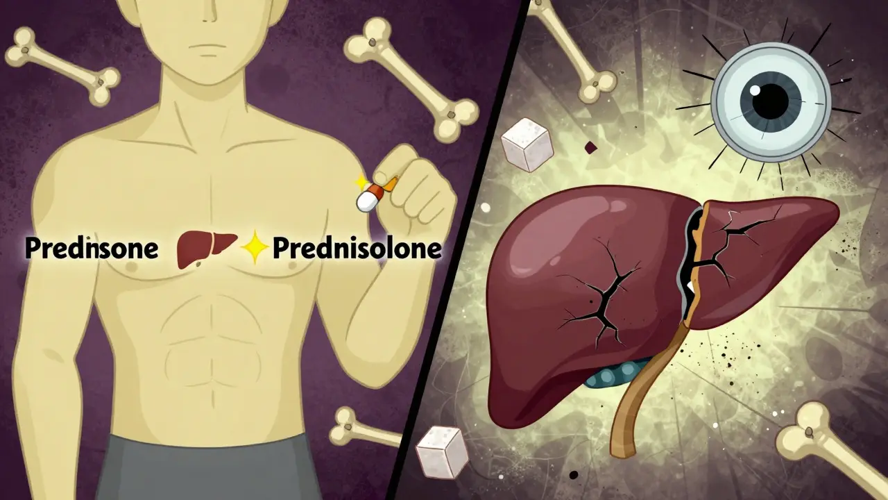 Split illustration showing a healthy liver converting prednisone to prednisolone versus a damaged liver failing the conversion.