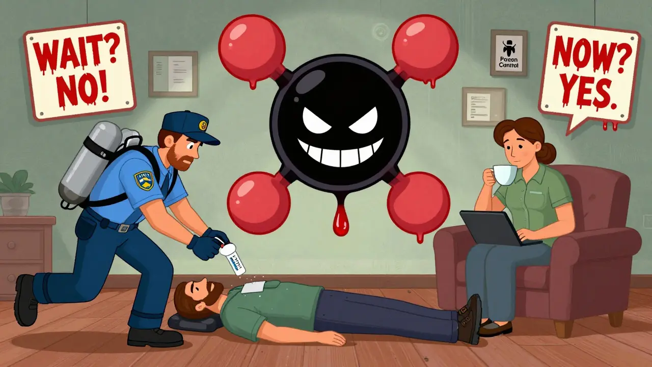 Split scene: paramedics rush in on one side, calm advice on the other, with a menacing fentanyl molecule in the center.