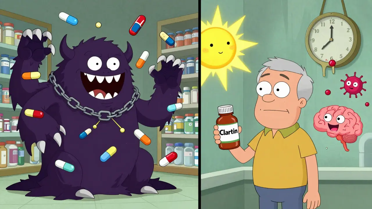 Split-screen: chaotic pill monster vs. calm Claritin with brain cells bouncing.