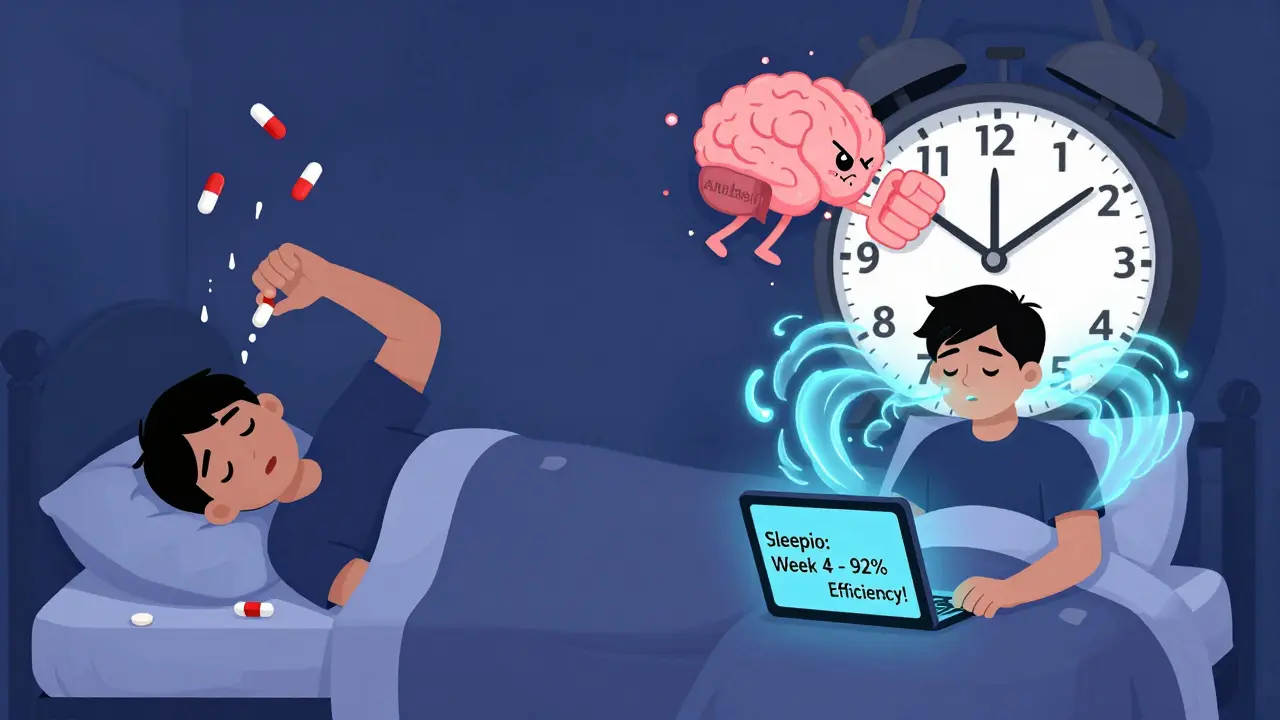 Split-screen: one side shows a zombie-like pill user, the other shows a calm person using a digital CBT-I app with glowing breathing waves.