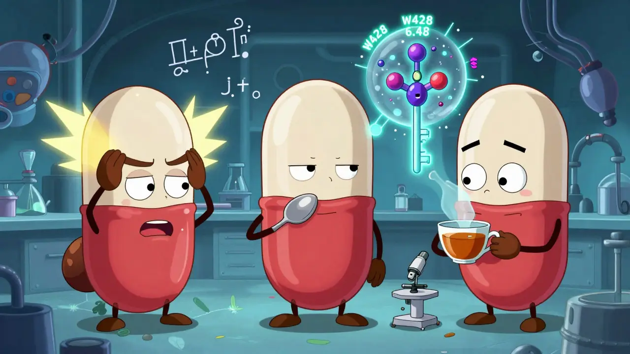 Three cartoon antihistamine pills in a lab, one with a headache, another tasting metal, as a molecular key locks a receptor.