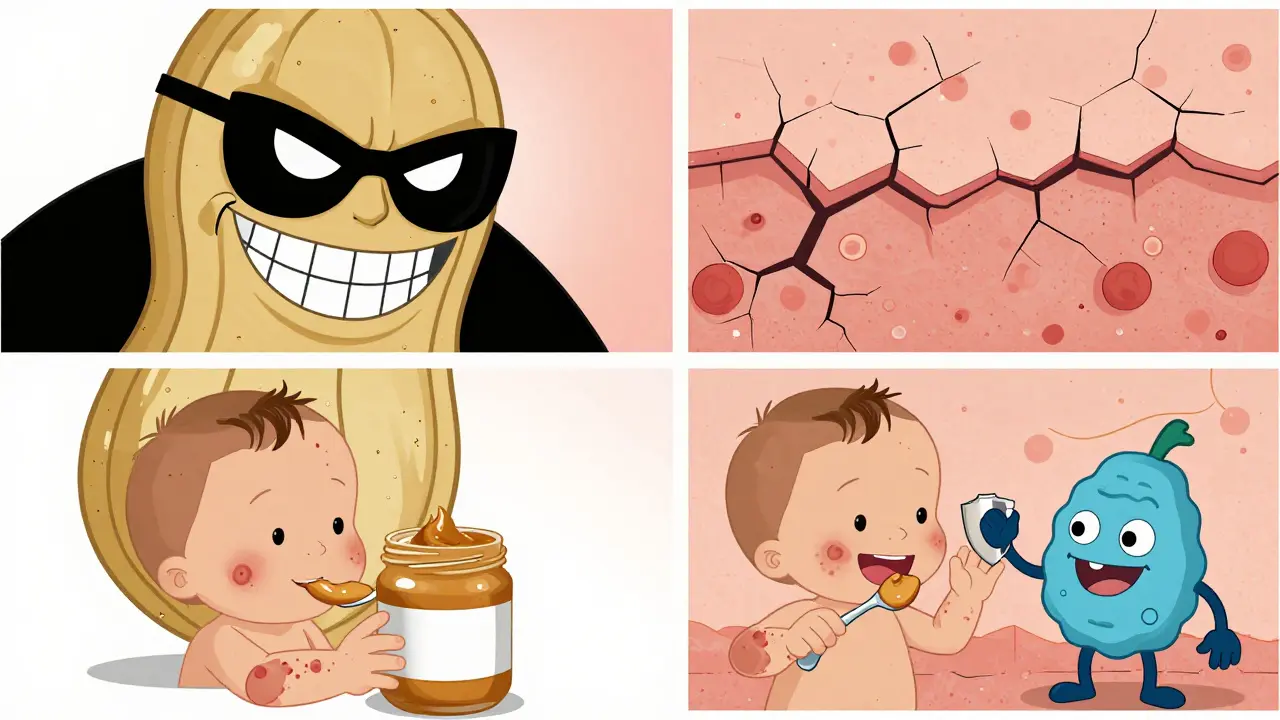 Toddler eating peanut butter while a villainous peanut looms, contrasted with a calm shield.