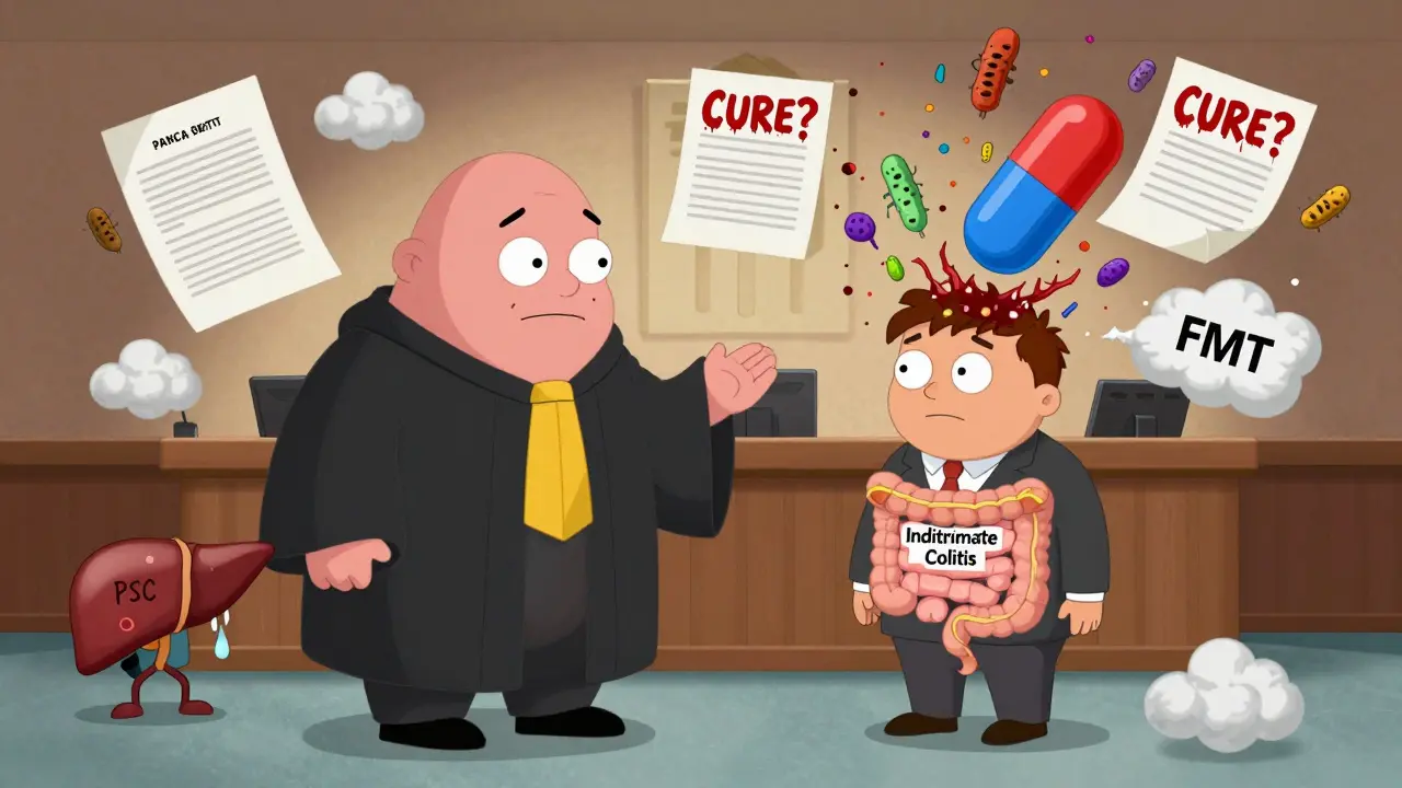 A courtroom with antibody characters arguing over a confused patient, floating stool samples and a giant FMT pill exploding into bacteria.