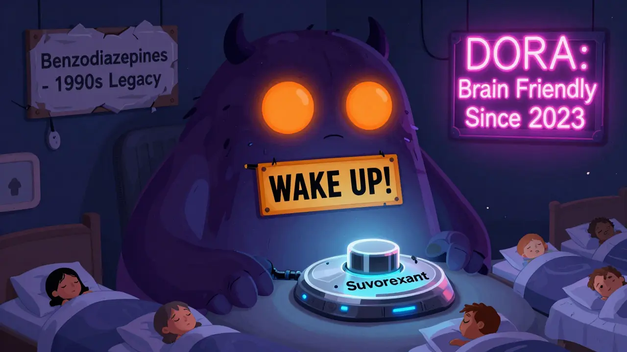 A futuristic orexin monster being turned off by a DORA pill, representing safer sleep medication technology.