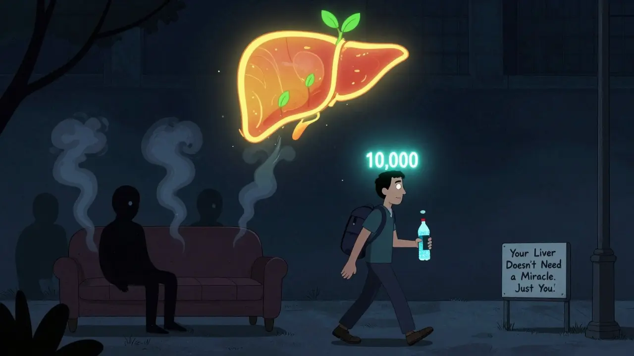 A man walking at night with a glowing liver regenerating above him, holding sparkling water as junk food fades away.