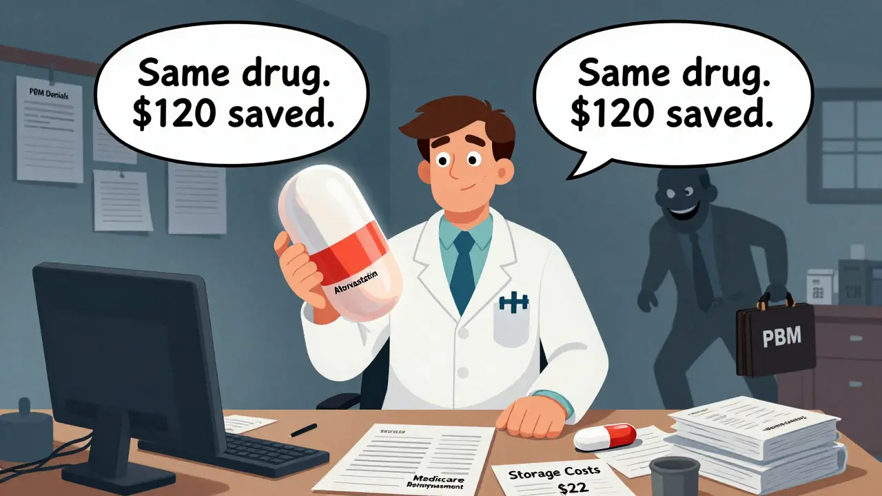 A pharmacist holds a large generic pill beside a tiny brand-name pill, surrounded by chaotic paperwork about insurance costs and corporate greed.