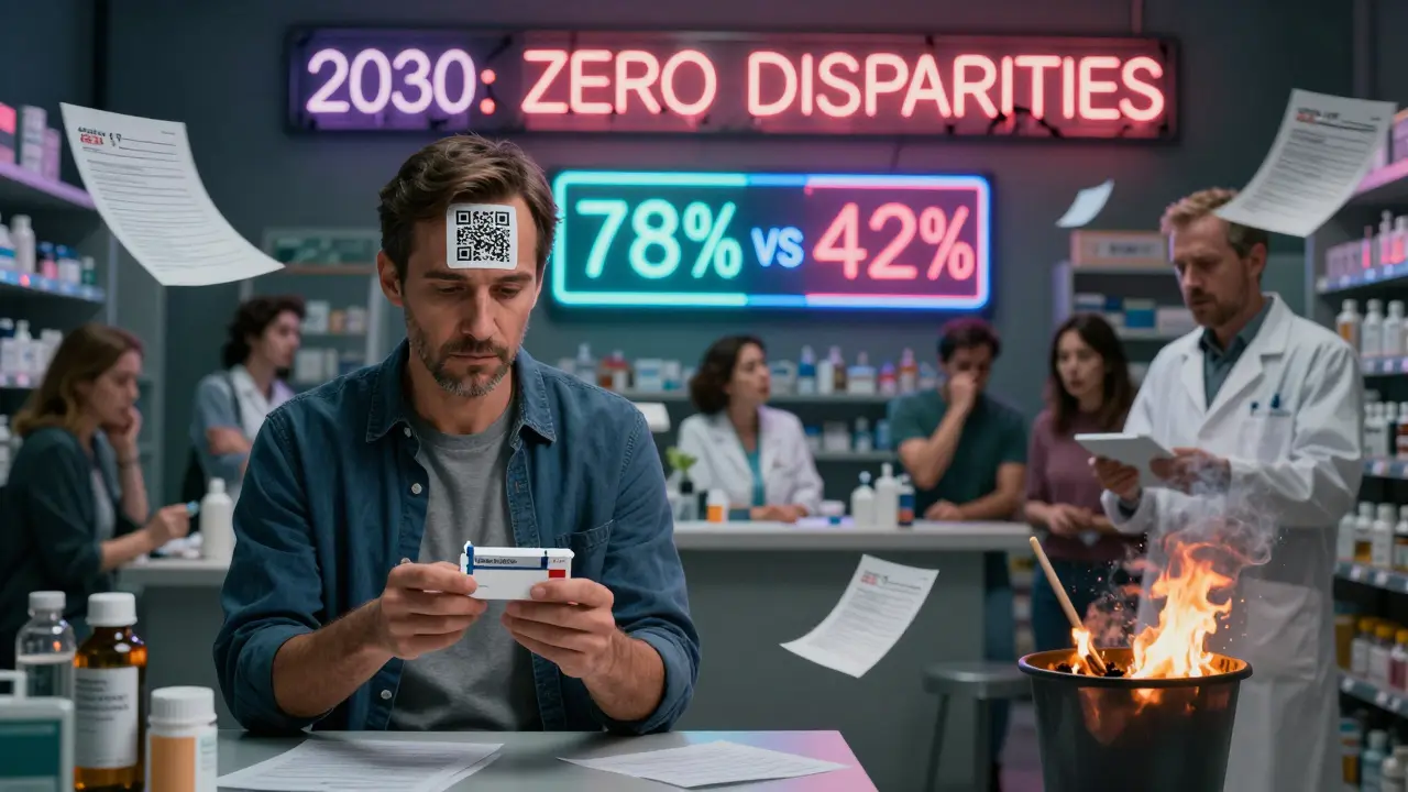 A pharmacy scene with contrasting outcomes: one patient scans a digital prescription while another pharmacist is overwhelmed by paperwork and a '78% vs 42%' scoreboard.