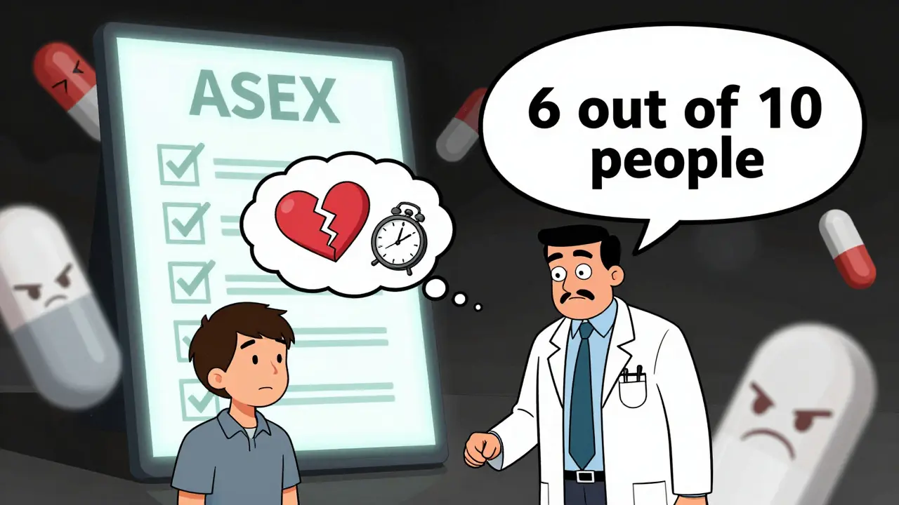 A psychiatrist and patient with floating checklist and oversized grumpy SSRIs in exaggerated cartoon style.