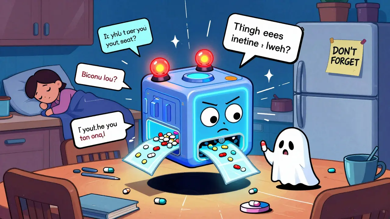 A quirky smart pill dispenser with glowing compartments and floating alerts, set in a chaotic kitchen.