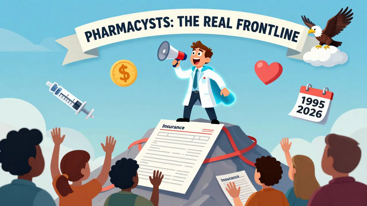 A superhero pharmacist stands on a pile of insurance forms, cheering patients below, with vaccine and dollar icons floating around them.