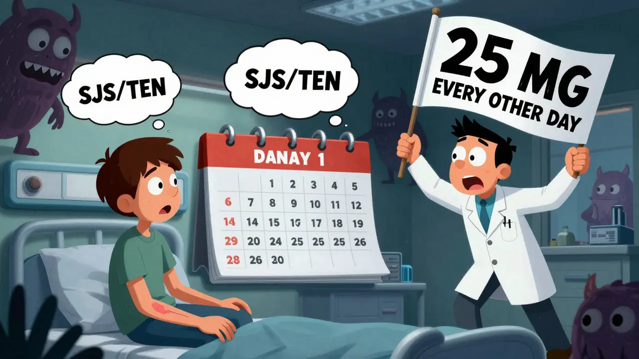 A teen patient and doctor in a hospital room, staring at a calendar as a rash appears, with danger symbols in the background.