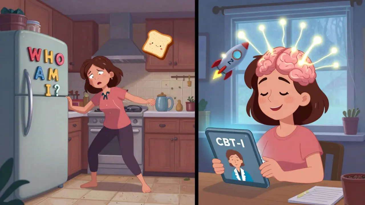 A woman contrasted between groggy confusion and calm CBT-I therapy, showing non-drug sleep improvement.