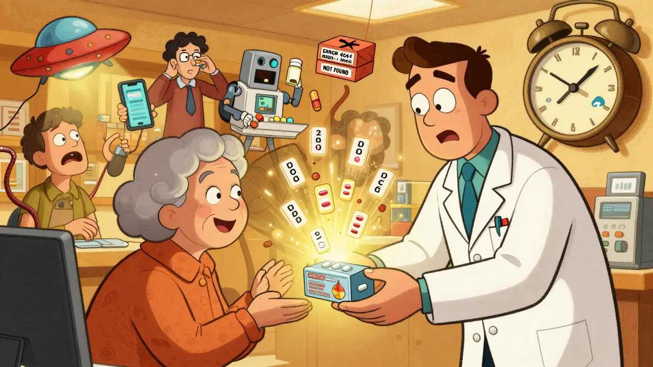 An elderly woman receiving pre-sorted blister packs as chaotic medication failures unfold around her.
