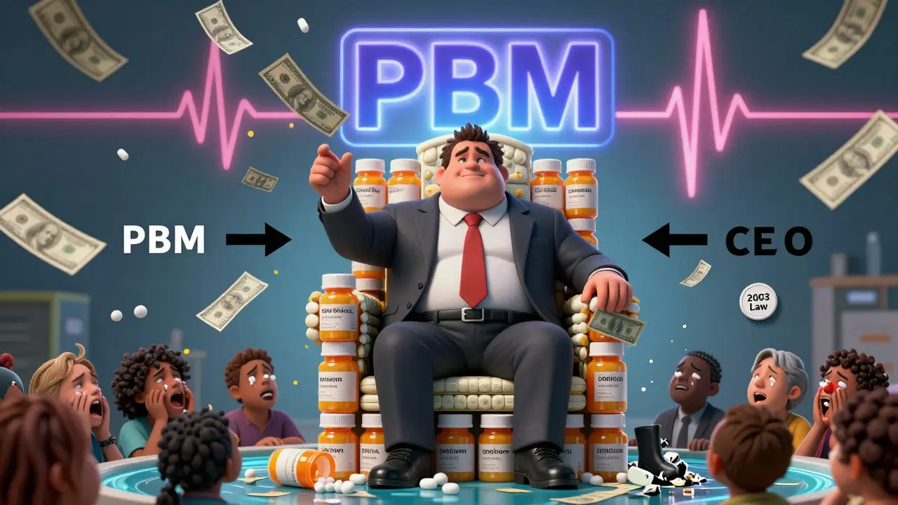 Bloated CEO on pill throne, PBM logo pulsing, patients crying below as money flows upward.