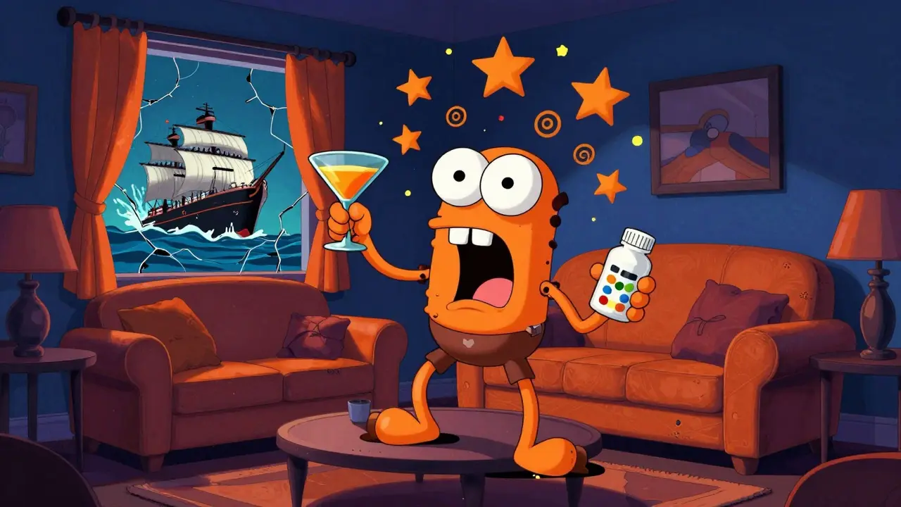 Cartoon character stumbling with stars and drink/pill bottle