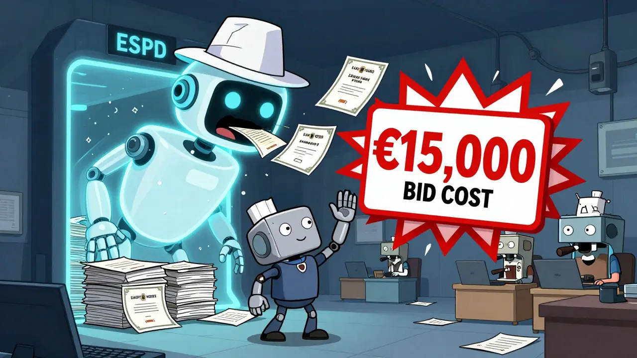 Digital ESPD robot swallowing paperwork as small generic manufacturer celebrates with robot arm.