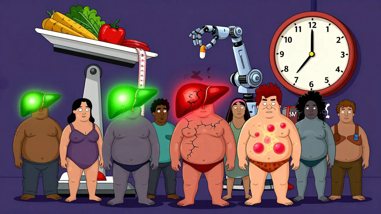 Diverse people with glowing livers, a scale comparing waist tape and vegetables, and a robotic arm offering a pill.