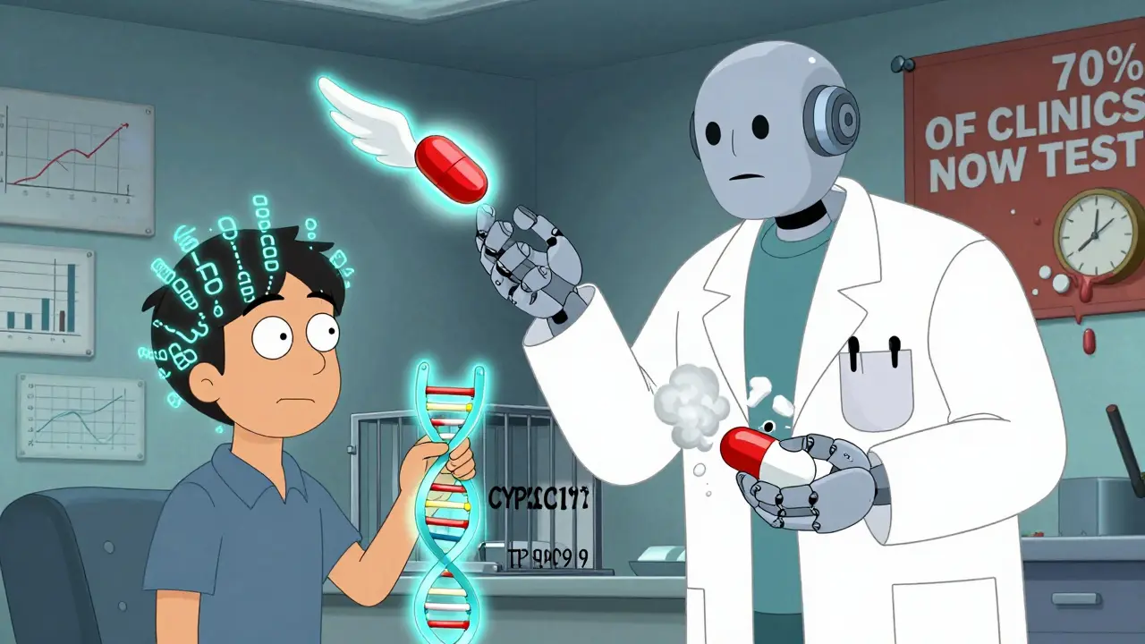 East Asian patient with glowing DNA, choosing ticagrelor over omeprazole as a robotic doctor offers options.