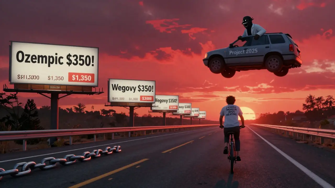Patient biking past drug price billboards with hidden high prices, patents as chains, Project 2025 SUV looming.