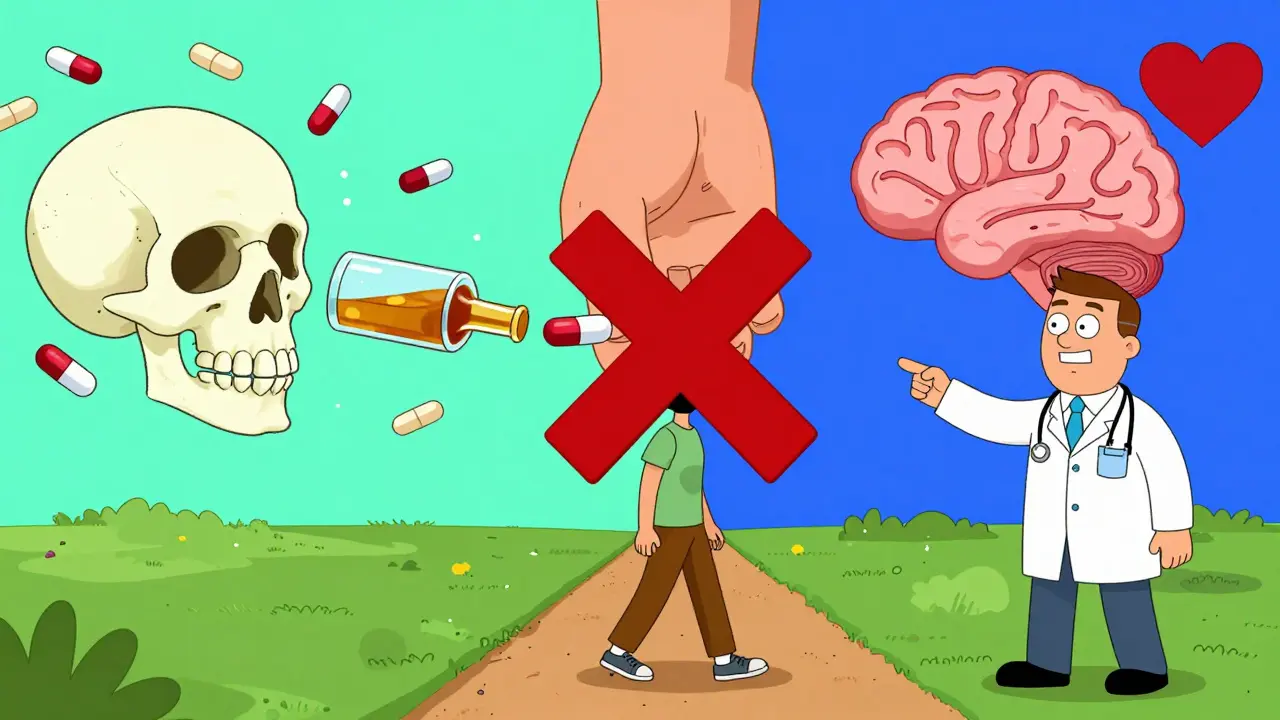 Person walking away from pills toward brain symbol