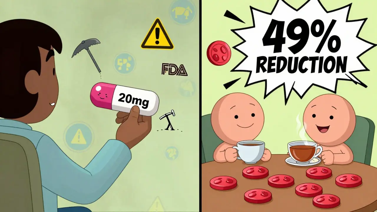 Split scene: omeprazole blocking enzyme vs. pantoprazole calmly beside clopidogrel, with platelets floating peacefully.