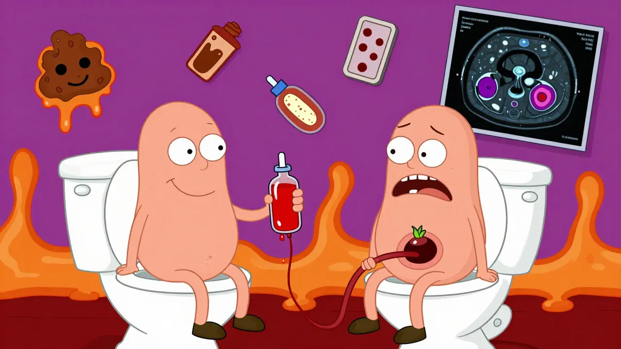 Two patients on toilets: one using a rectal enema, another with a fistula tunnel, surrounded by medical icons in chaotic cartoon style.