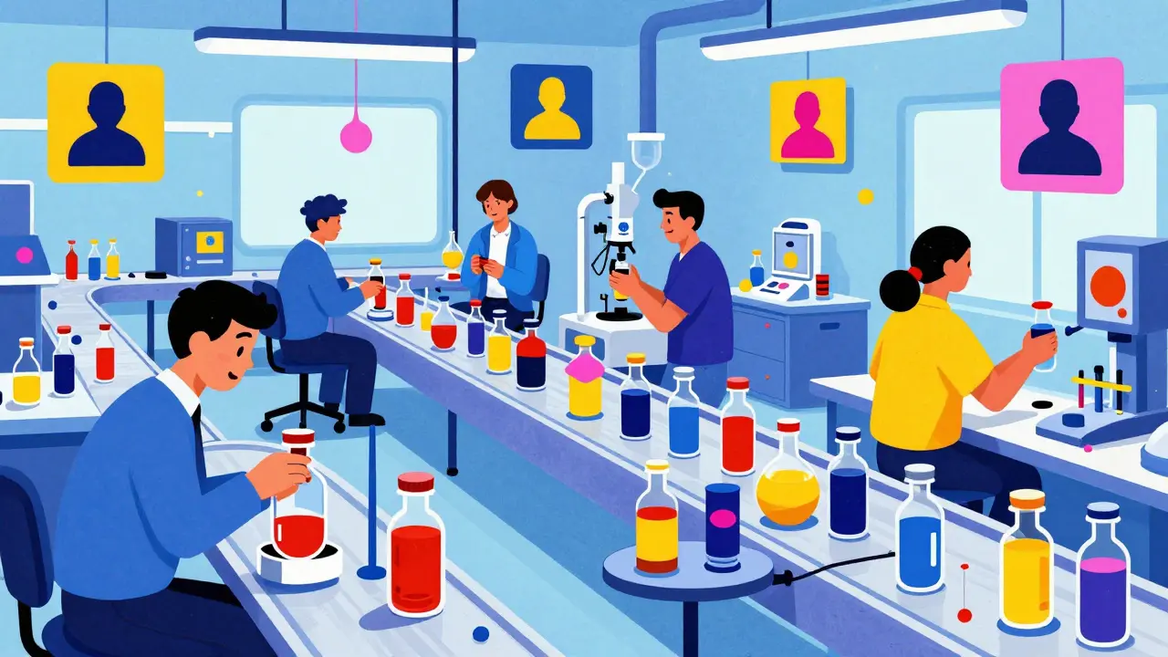 Workers assembling vials in contract manufacturing lab.