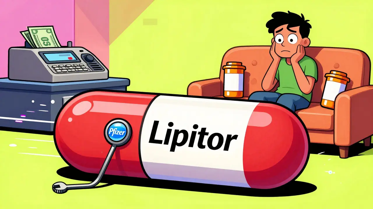 A branded pill transforms into its plain generic version as money falls; patient watches from a couch of bottles.