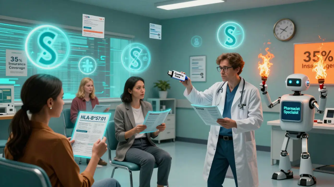A chaotic clinic where patients have floating gene labels, doctors scramble with holograms, and a pharmacist juggles pills under a glitchy neon sign.