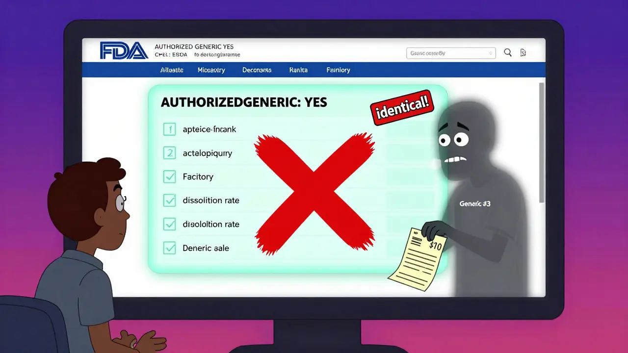 A patient verifies an authorized generic on a glowing FDA screen while a fake generic is rejected with a red X.
