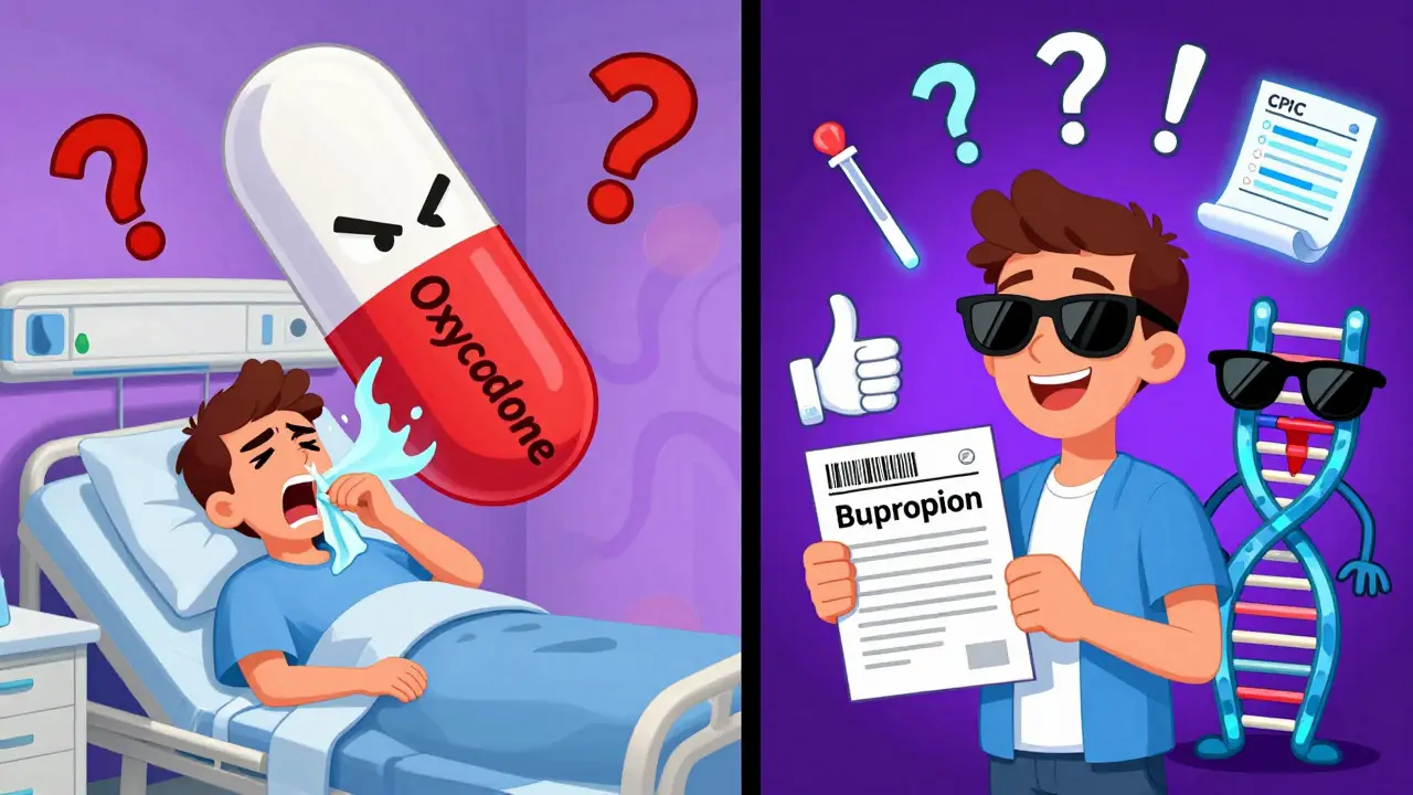 A patient vomiting beside a happy patient with a genetic report, guided by a friendly DNA helix, in a psychedelic environment.