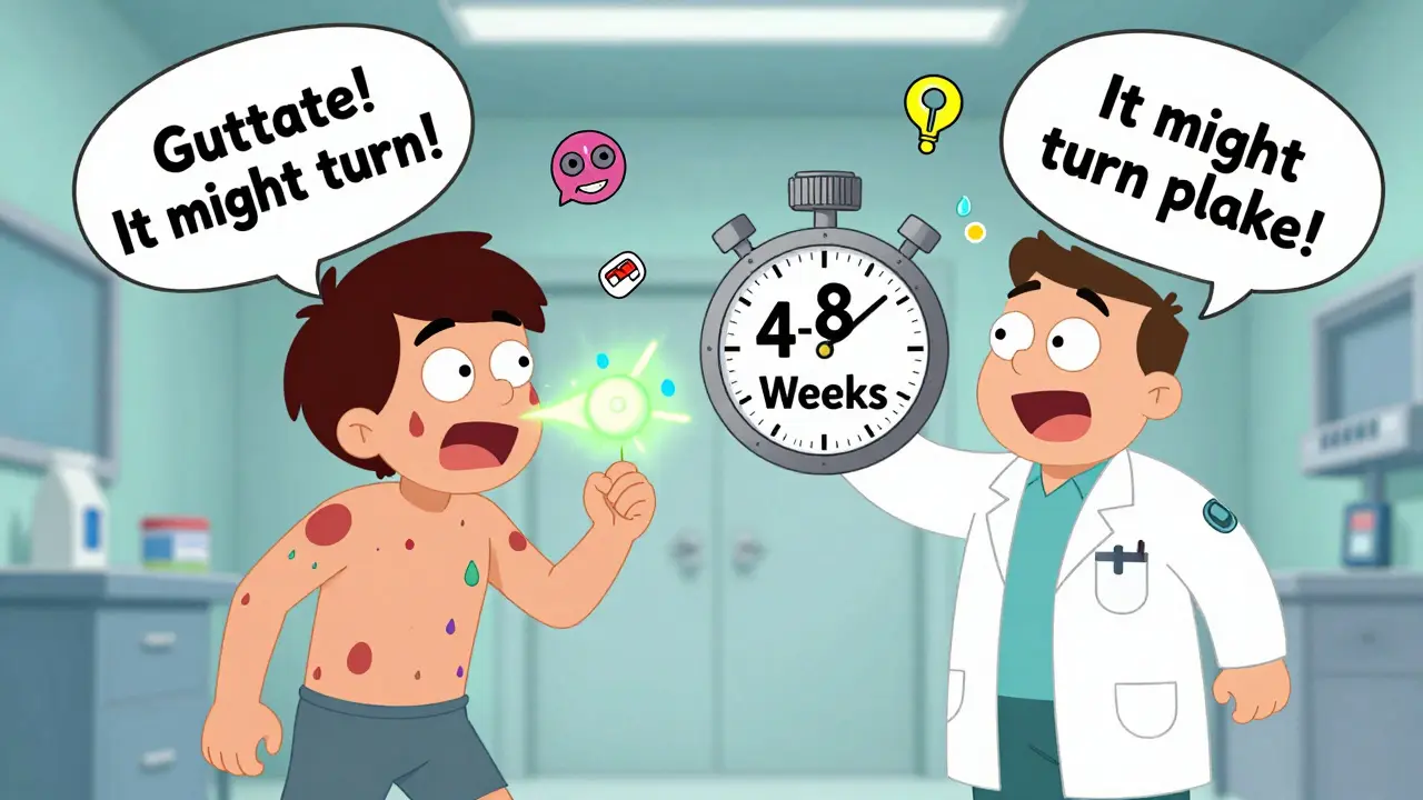 A person covered in teardrop-shaped spots after a glowing strep throat monster sneezes, with medical icons floating around.