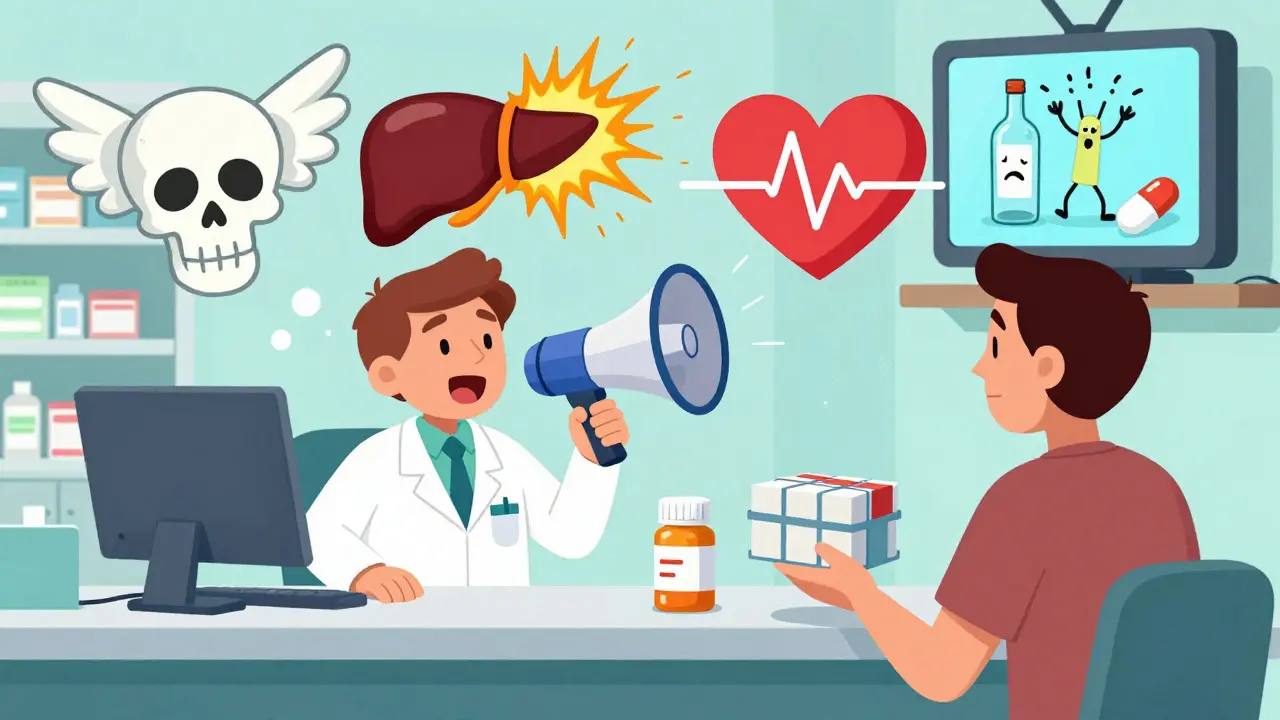 A pharmacist shouting at a customer with alcohol and medication, giant warning icons floating above them in a pharmacy setting.