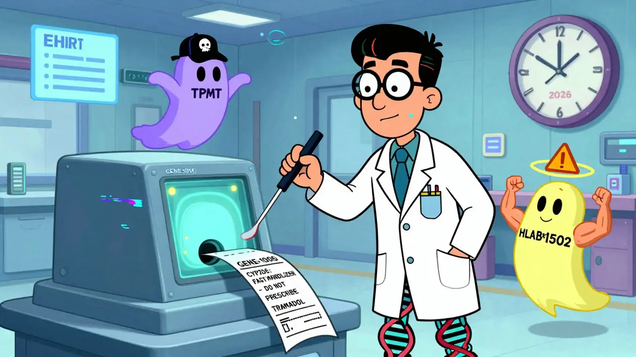 A quirky lab tech inserts a cheek swab into a futuristic machine that outputs a warning receipt, surrounded by dancing animated gene variants in neon colors.