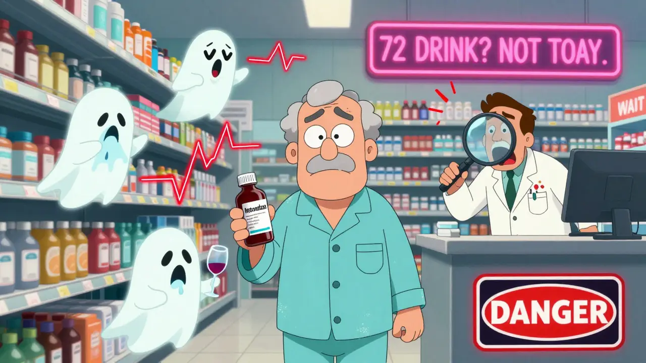 An elderly man in pajamas at a pharmacy holding metronidazole and wine, surrounded by vomiting ghosts and flashing danger signs.