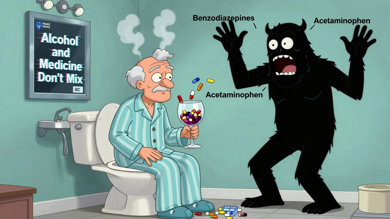 An elderly man on a toilet surrounded by pills and wine, his shadow turning into a screaming monster of dangerous drug combinations.